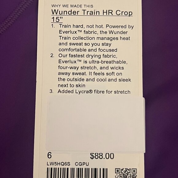 NWT Lululemon Wunder Train HR Crop 15" Leggings - Size 6 - College Purple - Picture 3 of 6